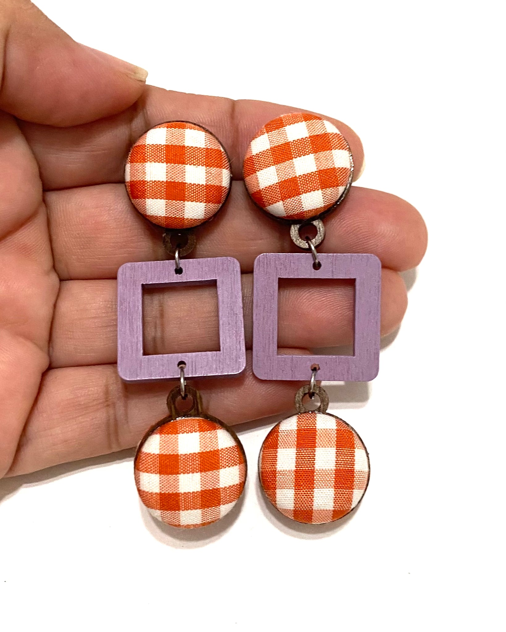 Ventana Earrings- Large- Red Orange Gingham